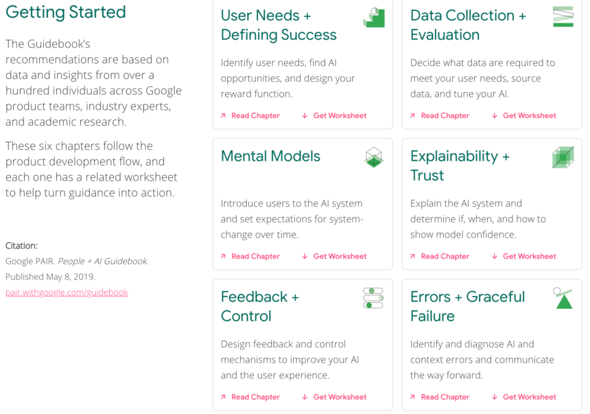 Screenshot from "People & AI Guidelines" main screen, showing the various sections