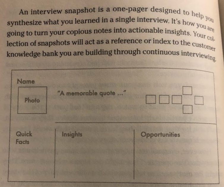 Interview snapshot example with name, photo, memorable quote, story blocks, quick facts, insights, and opportunities