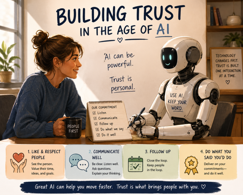 ChatGPT-generated image summarizing this post. It includes a woman holding a "people first" mug talking to a smiling robot. Behind them, it says "Building trust in the age of AI. AI can be powerful. Trust is personal."